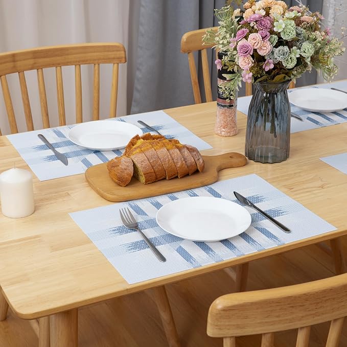 Winknowl Placemats Set of 6, Heat Resistant Stain Resistant Woven Vinyl Insulation Place mats, Durable Washable Elegant Table Mats for Kitchen Dining Table Decor (Geometric Blue)