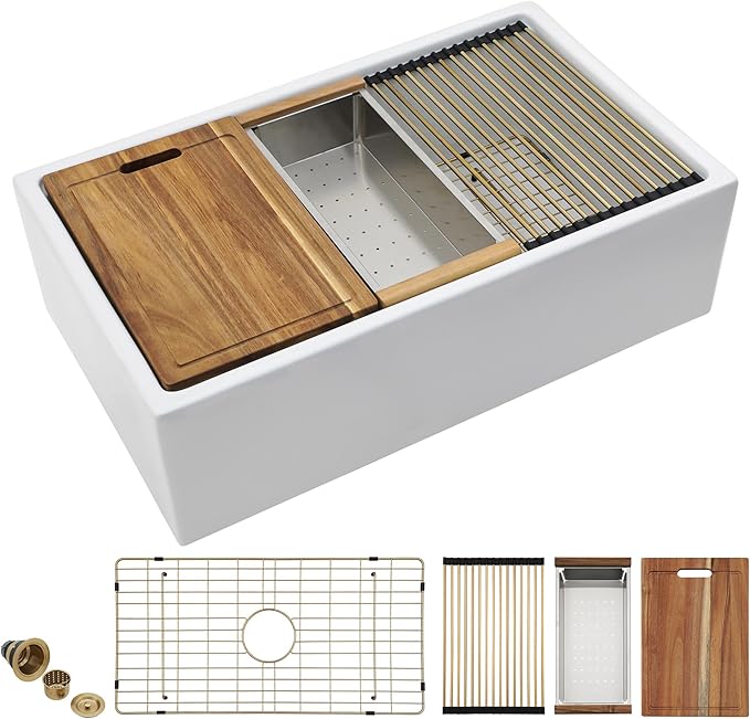 33 White Farm Sink Workstation - Fulorni 33 Inch Farmhouse Kitchen Sink Workstation with Slide Ledge Apron Front Reversible White Ceramic Porcelain Fireclay Single Bowl Farmer Style Basin