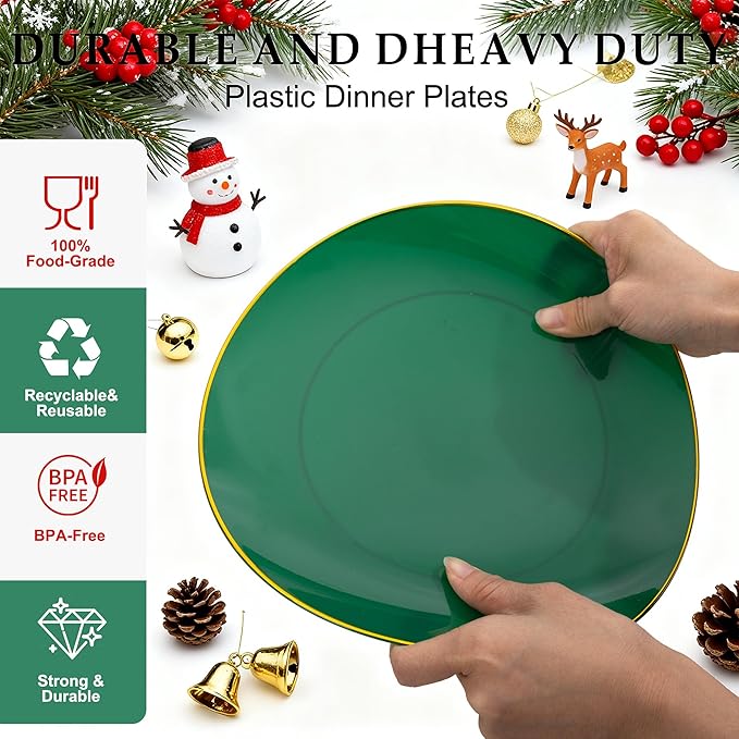 I00000 150Pcs Red and Green Plastic Plates with Gold Rim,Fancy Christmas Plastic Plates,Nice Christmas plates Set include 30 Dinner Plate,30 Dessert Plate, 90 plastic Silverware Set for christmas