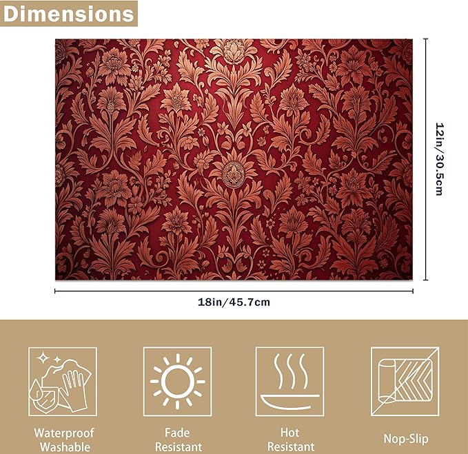 Luxury Jacquard Placemats Set of 6, Red Ethnic Bohemian Waterproof Linen Fabric, Non-Slip Backing & Easy Clean, Elegant Dining Table Protectors for Family and Guests