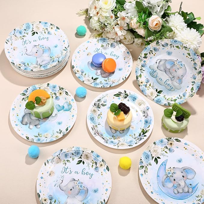 60 Pcs 7 Inch Elephant Baby Shower Paper Plates It's a Boy Shower Decorations Tableware Baby Gender Reveal Plates It's a Boy Party Supplies for Blue Floral Elephant Party