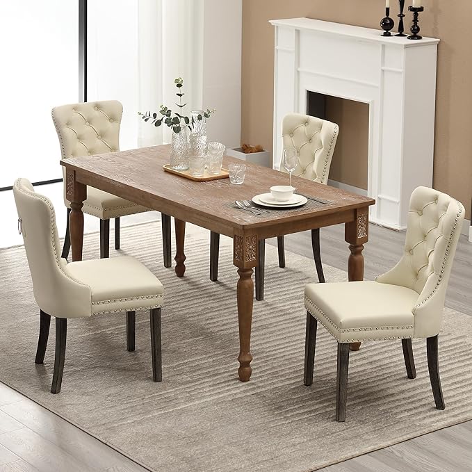KCC Faux Leather Dining Chairs Set of 4, Upholstered High-end Tufted Dining Room Chair with Nailhead Back Ring Pull Trim Solid Wood Legs, Contemporary Nikki Collection Modern Style for Kitchen, Beige