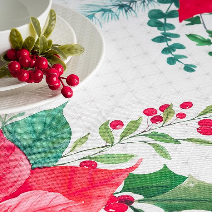 Maison d' Hermine Table Cloth Rectangle Table 100% Cotton 60 x 120 Inches Fall Tablecloth Reusable Everyday Use for Thanksgiving Christmas Decorations Dining Farmhouse Party (Poinsettia Christmas)