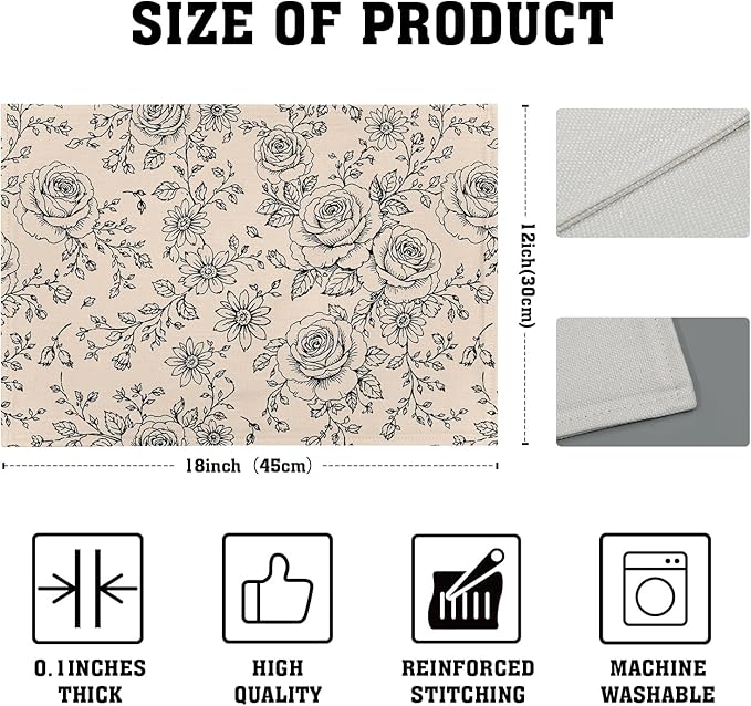 Rustic Floral Placemats - Country Place Mats Set of 4 Farmhouse Rose Flowers Tablemats 12x18 for Party Kitchen Dining