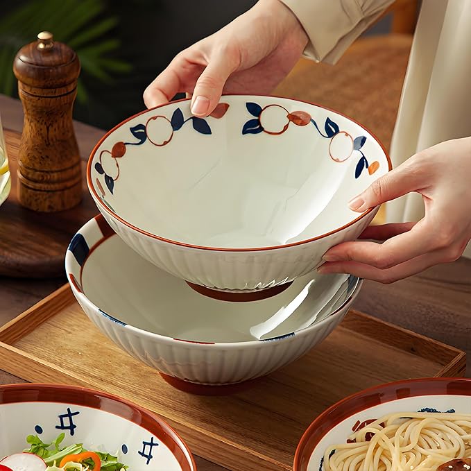 8 Inch Ramen Bowls Set of 4 with Spoon, 38 Oz Soup Bowls for Noodle,Udon,Vintage Japanese Style, Microwave & Dishwasher Safe
