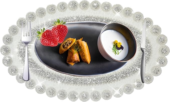 Sparkling Silver Diamond Placemats Bling Oval Place Mat Heat Elegant Table Decor for Weddings, Holidays, and Special Events (15x9 Inch)-2 PCS