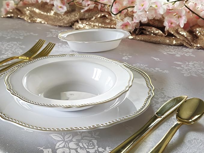 " OCCASIONS " 50 Plates Pack (25 Guests)-Heavyweight Wedding Party Disposable Plastic Plate Set -25 x 10.25'' Dinner + 25 x 7.5'' Salad/dessert plates (Rochelle White and Gold)