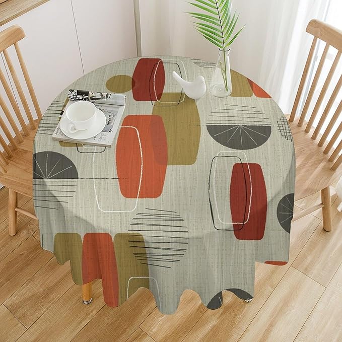 Retro Medieval Bohemian Round Tablecloth, Modern Mid Century Geometric Abstract Print Tablecloth for Home Party Dining Room Kitchen Decor 70Inch(178cm)