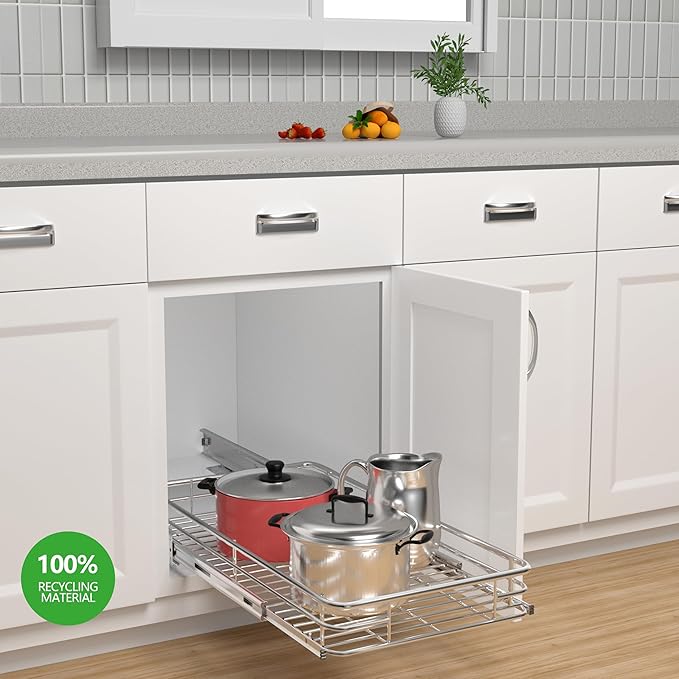 Pull Out Cabinet Organizer (16.4" W x 21" D), Put Out Shelves for Kitchen Cabinets, Roll Out Drawers Heavy-Duty Metal Sliding Shelf, Bottom Mount