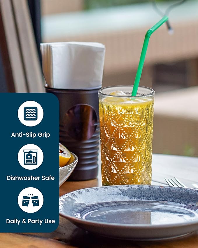 Vintage Diamond-Pattern Drinking Glasses Set of 6 – 14 oz Clear Highball Glass Cups – Embossed Retro Glassware for Water, Cocktails, Juice, Milk – Durable Thick Glass, Dishwasher Safe
