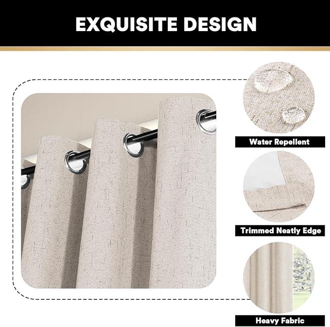 PrinceDeco 100% Blackout Curtains for Bedroom Linen Blackout Curtains 63 Inches Length Thermal Insulated Textured Drapes for Living Room 2 Panels Set,52" W x 63" L,Natural