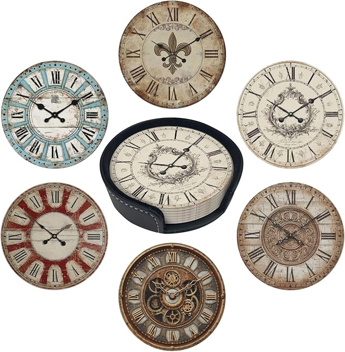 Clock Coasters for Drinks with Holder Round Leather Coasters Set of 6 Cups Mugs Mat Pad for Home Kitchen Bar