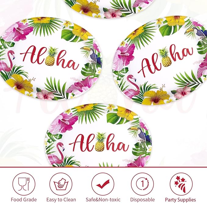 50Pcs Hawaiian Luau Oval Paper Plates 10" X 12" Disposable Tropical Aloha Party Supplies Heavy Duty Hawaiian Hibiscus Floral Luau Party Plate for Tropical Holiday Beach Birthday Party Decoration