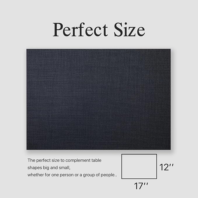 Placemats Set of 6 - Easy Clean Woven Vinyl Placemats for Dining Table, Indoor/Outdoor Place Mats, Washable PVC Table Mats（Black）
