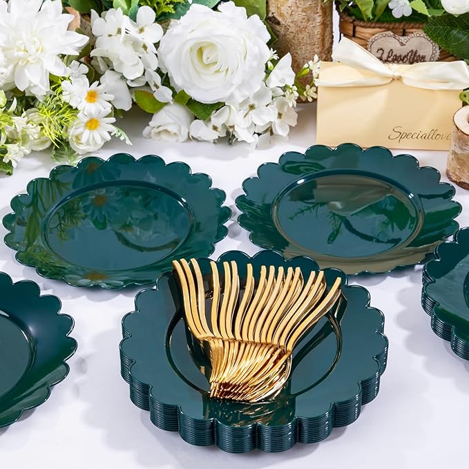 LIYH 200 Pcs Dark Green Dessert Plates - Disposable Cake Plates with Gold Forks, Gold Dessert Forks 5", Plastic Cake Plate 7.5" for Holiday Party