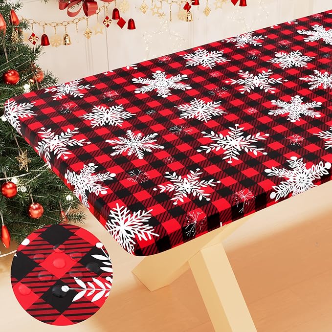 Smiry Plastic Christmas Tablecloth, Buffalo Plaid Waterproof Elastic Fitted Table Covers, Wipeable Flannel Backed Vinyl Tablecloths for Dinner, and New Year Celebration (Black & Red, 30x96 Inches)