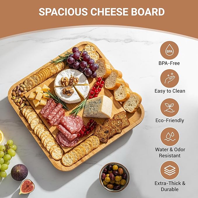 Charcuterie Board Set – Includes Slide-Out Drawer, Complete Hosting Kit with Stainless Utensils, Wine Opener, Slate Labels & Snack Tray – Ideal Gift for Housewarming & Wedding – 13pcs Set