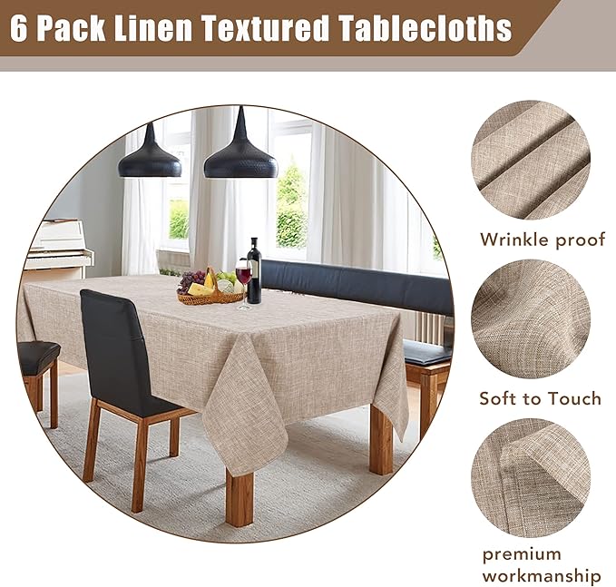 Fitable Faux Linen Tablecloths for Rectangle Tables - 90 x 132 Inch - 6 Pack Fabric Textured Washable Table Clothes Floor Lenghth Table Covers for Wedding, Party, Banquet, Birthday, Nature Color