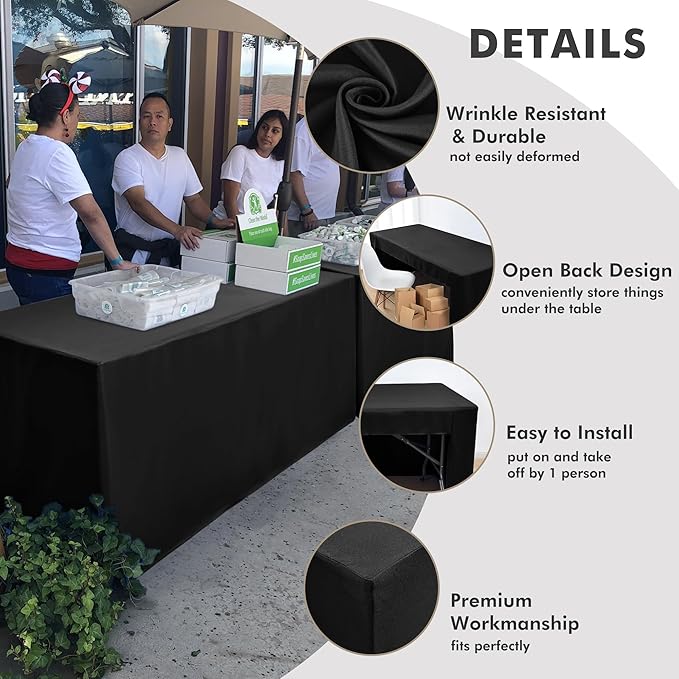 Nasitos 2 Pack Black Tablecloth 6 Foot-Open Back Fitted Tablecloth Rectangle Table, Washable Fabric Trade Show Table Cover for Craft Show, Display, Parties, Wedding, Events