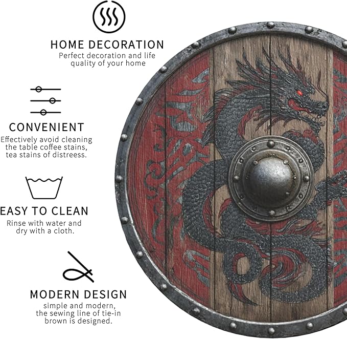 Viking Shield Coasters Leather Round Drink Coasters 6 Pcs Set with Holderor for Cup Drink Coffee Table Bar Home Decor