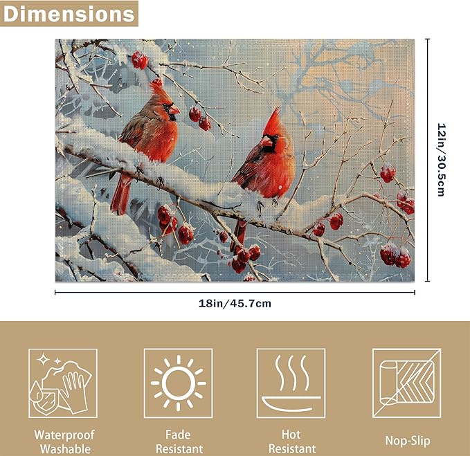 Table Placemats Set of 6, Waterproof Linen Fabric, Non-Slip Backing & Easy Clean, Elegant Dining Table Protectors for Family and Guests(Red Cardinal Bird Christmas)