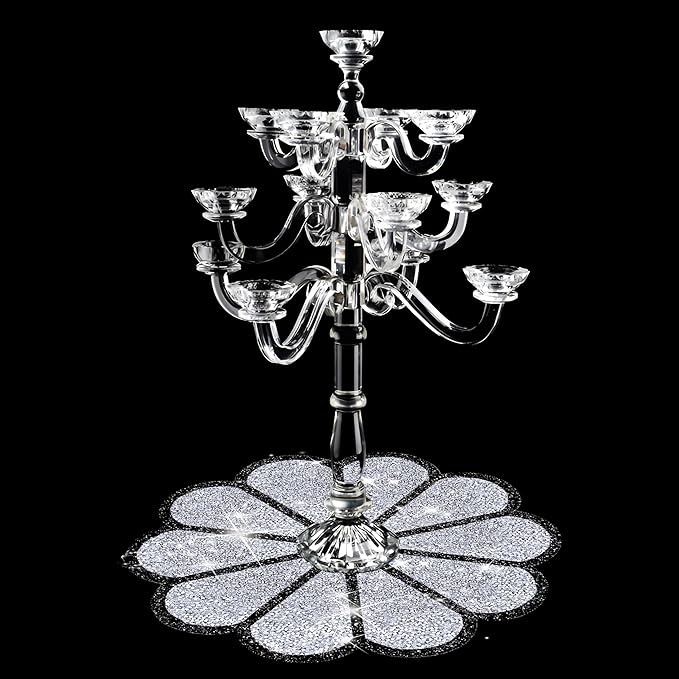 Washable Waterproof Diamond Circle Placemats for Round Tablescape Decor for Dinner and Kitchen Bling Placemats for Weddings & Special Events (Silver and Black)