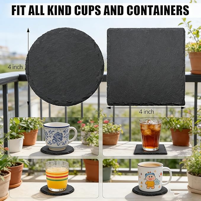 6 Pieces Slate Drink Coasters, 4 Inch Personalized Black Coasters Stone Coaster Set, Laser Engraving Blanks, Scratch Resistant Bottom, Home Office Kitchen Housewarming Gifts Wedding Party,Round