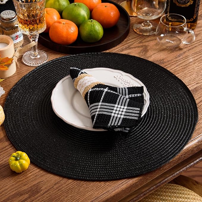 AHHFSMEI Round Braided Placemats 15 Inch Round Table Mats for Dining Tables Natural Woven Heat Resistant Place mats Set of 4 (Black,4)