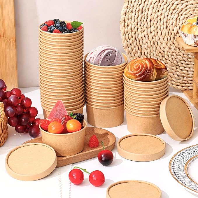 100 Pack 4oz Paper Soup Containers with Vented Lids, Disposable Food Containers Kraft Ice Cream Cups Dessert Soup Bowls, Microwavable and Freezer Safe for Hot Soup, Ice Cream (100 Pcs - Kraft, 4 oz)