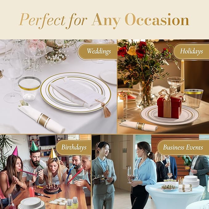Reli. Plastic Plates for Party | 350 Pieces | White w/Gold Rim | Plates and Napkins Party Supplies | Disposable Dinnerware Set for 50 Guests | Dinner & Dessert Pack, Pre-Rolled Gold Cutlery Set, Cups