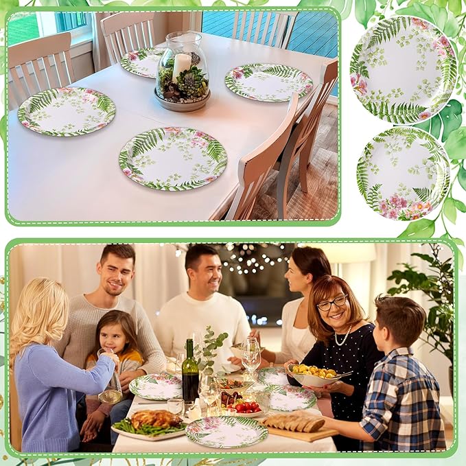 48 Pcs Fern Garden Plates Set Include 9 Inch and 7 Inch Spring Watercolor Disposable Plates Summer Decorative Dinner Birthday Party Tableware for Baby Shower Party Supplies
