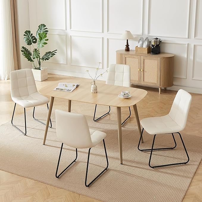 47''Dining Table Set for 4,Modern Wood Dining Table,Leather Dining Chairs 4,Table and Chairs Set of 4,Ideal for Kitchen Dining Room (Natural Color Table, 55.1")