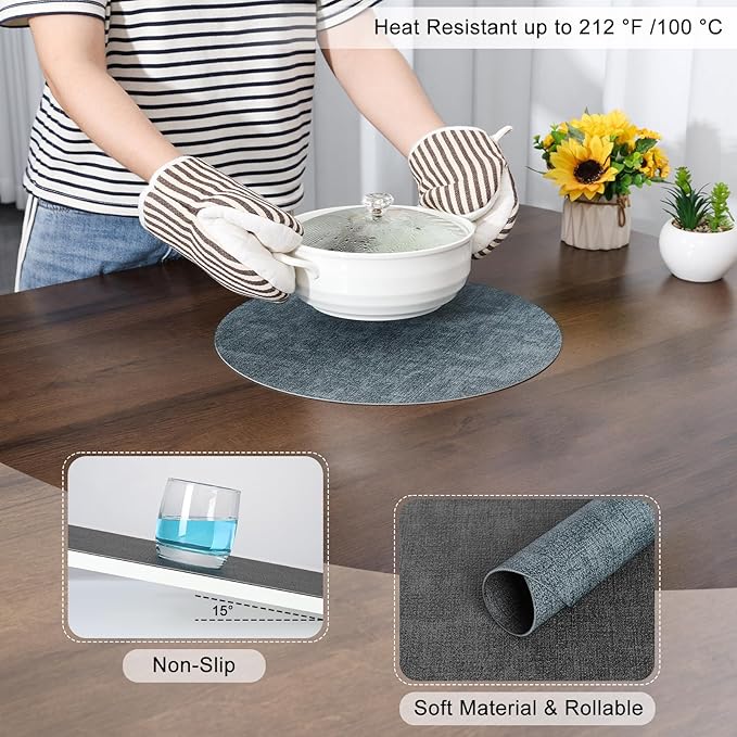 Myir JUN Round Placemats Dual Sided, Faux Leather Place Mats Set of 4 Indoor Placemats for Dining Table Outdoor Placemats Non-Slip Washable Table Mats (Set of 8, Gray Light Blue)