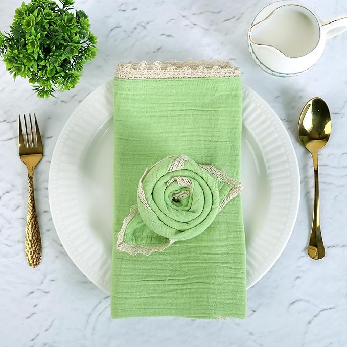 Fingercraft Dinner Cloth Napkin Cotton Muslin Double Gauze 8 Pack with Classic Lace for Everyday Use, Wedding, Party, Christmas, Easter Napkins Cloth are Pre Shrunk and Good Absorbency Lettuce Green