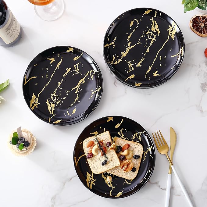 6-Piece Black Marble Ceramic Plates with Gold Rim, 8-Inch Dinner Plates Set, Oven & Microwave Safe, Dishwasher Safe, Elegant Appetizer, Salad, and Dessert Plates for Modern Dining