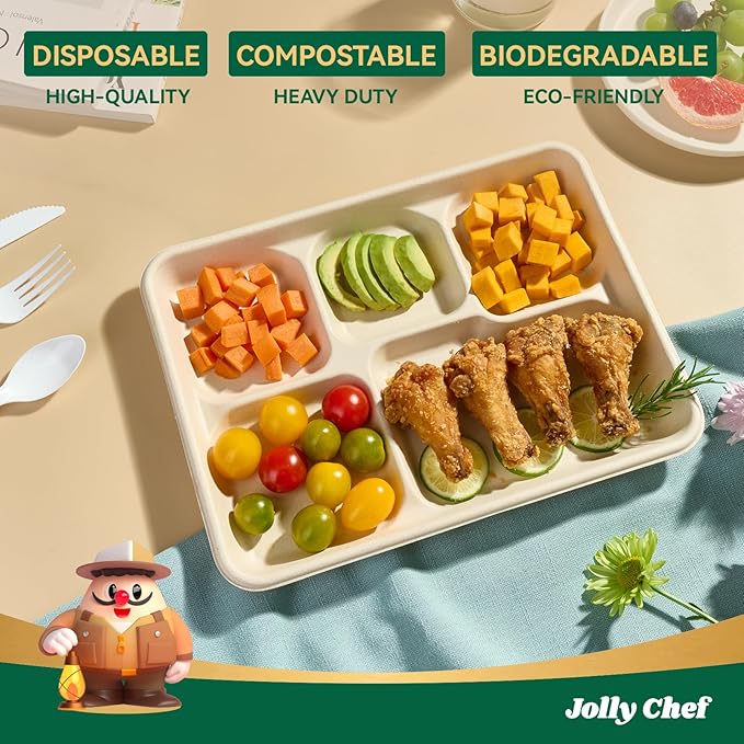 JOLLY CHEF Compostable 𝟱 Compartment 𝟭𝟭 * 𝟴 𝗶𝗻𝗰𝗵 Paper Plates [𝟭𝟬𝟬 𝗣𝗮𝗰𝗸] Heavy Duty Small Natural Divided Eco-Friendly Biodegradable Food Trays for Party Lunch Dinner Christmas