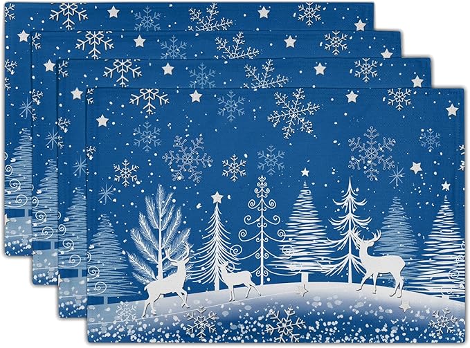 Xmas Placemats Set of 4 - Winter Navy Blue Place Mats 12x18 Table Mats White Forest Snowflake Reindeer Kitchen Mats for Party Dining Table