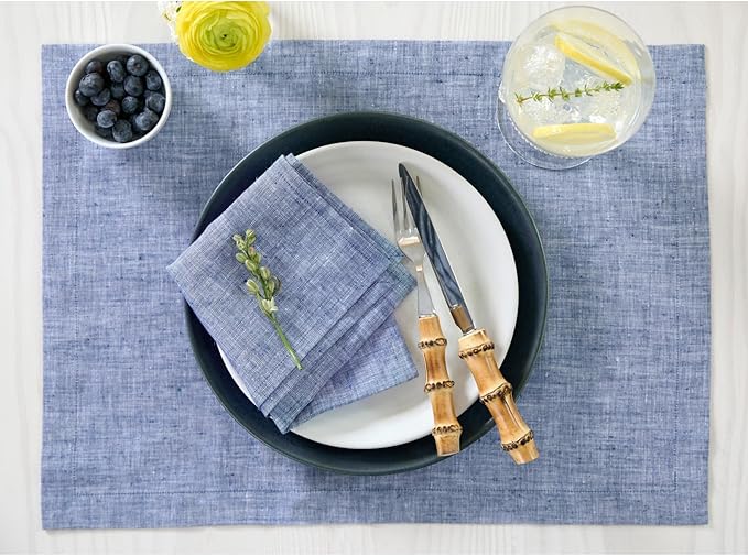Solino Home Linen Cloth Napkins Set of 4-100% Pure Linen Chambray Indigo Dinner Napkins 20 x 20 Inch - Athena, Handcrafted and Machine Washable - Winter, Spring, Easter