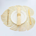 Evevda Gold Leaf Shaped Vinyl Placemats for Dinner Table Set of 8 Metallic Plastic Gold Place Mats Wipeable 8Pcs Table Mats for Wedding Annersary Dinner Table Decoration Mats