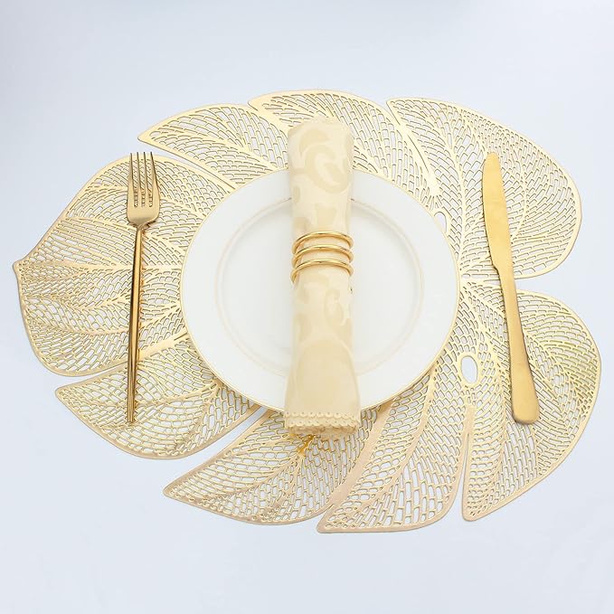 Evevda Gold Leaf Shaped Vinyl Placemats for Dinner Table Set of 8 Metallic Plastic Gold Place Mats Wipeable 8Pcs Table Mats for Wedding Annersary Dinner Table Decoration Mats