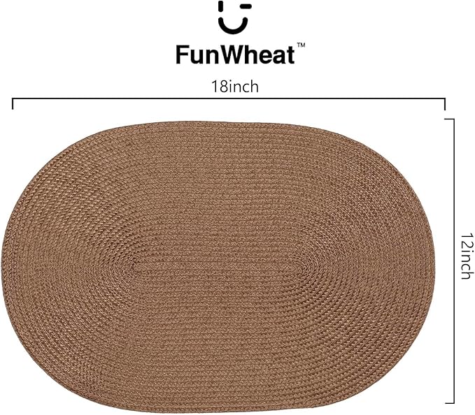 FunWheat Oval Braided Placemats Set of 4 Table Mats for Dining Tables Washable Heat Resistant Place Mats for Indoor Outdoor Use 12 x18 Inch(Oval Light Brown, 4pcs)