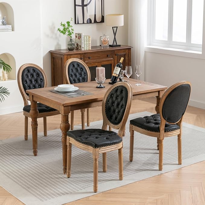 Vintage French Dining Chairs Set of 8, Round Back PU Leather Upholstered Side Chairs with Nailhead Trim and Solid Wood Frame, Sillas de Comedor for Dining Room & Kitchen, Black