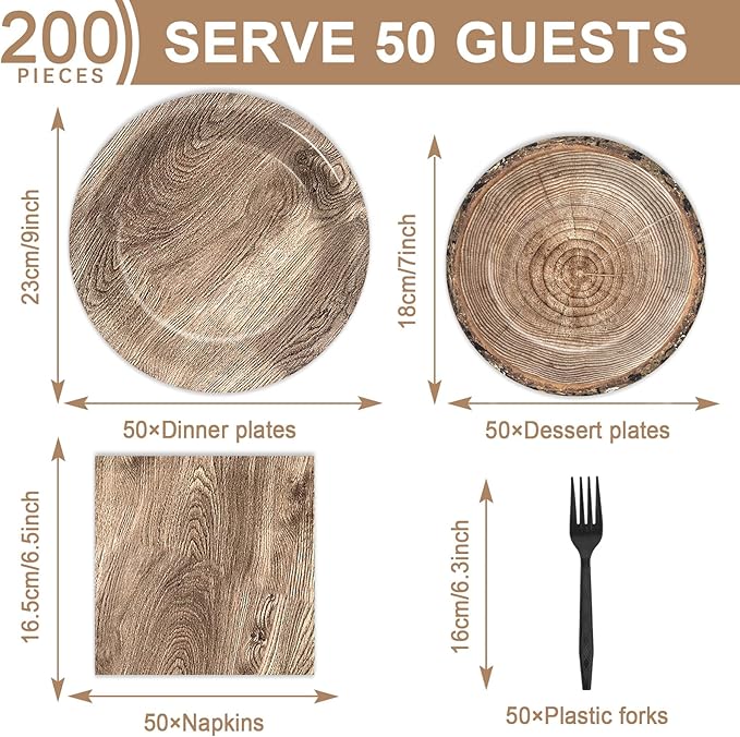 200Pcs Rustic Wooden Tree Party Supplies Paper Plates Napkins Lumberjack Camping Hunting Theme Birthday Party Decorations for Kids Hunting Serves 50