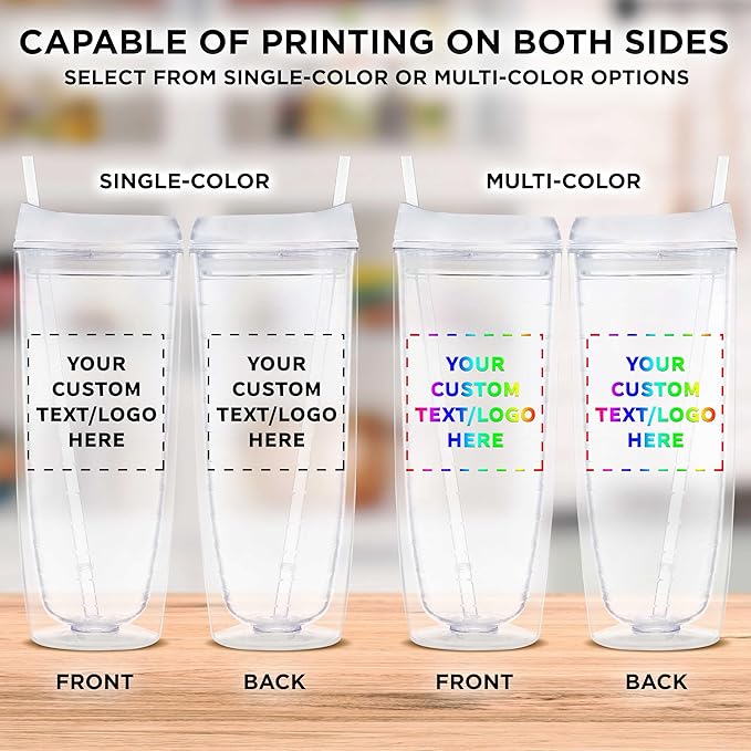 Custom Tall Orbit Acrylic Tumblers 20 oz. Set of 100, Personalized Bulk Pack - Perfect for Iced Coffee, Soda, Other Hot & Cold Beverages - Clear