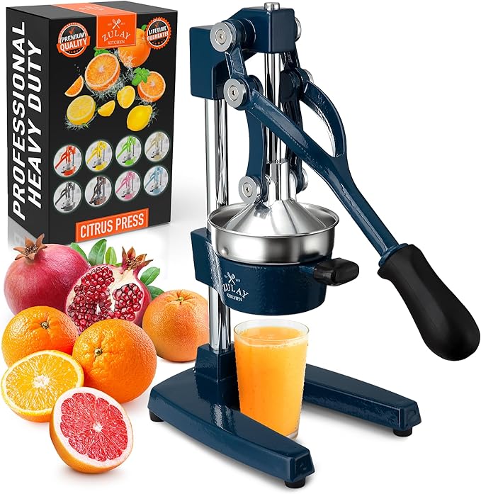 Zulay Kitchen Cast Iron Juicer - Easy-to-Clean Heavy-Duty Manual Juicer, Professional Citrus Juicer - Stainless Steel Lemon Squeezer - Manual Citrus Press & Orange Squeezer - Orange Juicer – Navy
