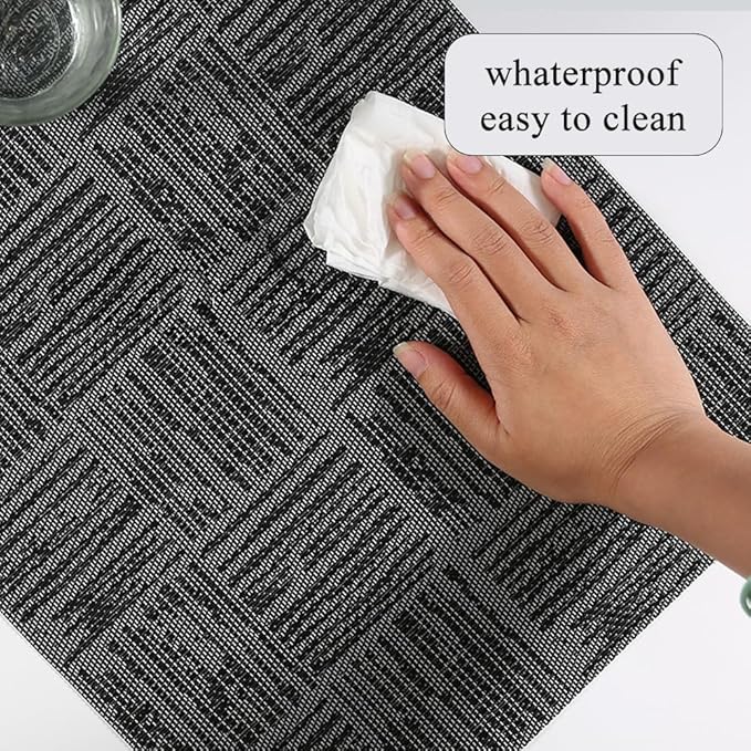 Placemats Set of 6 Plastic Vinyl Place Mats for Dinner Table, No-Slip Wipeable Table Mats Daily Use Patio Kitchen Decoration (18"x12", Black)