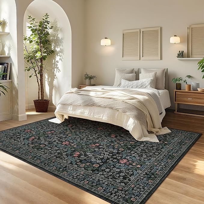 GarveeHome Washable Rug for Living Room, 8x10 Large Area Rug for Dining Room Under Table, Bedroom, Floral Soft Low Pile Non Slip Stain Resistant Carpet for Nursery, Playroom, Office, Dark Black