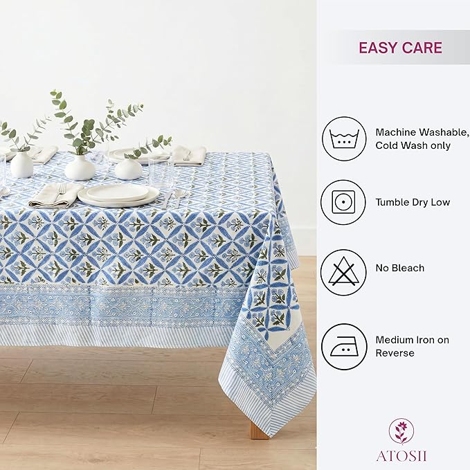 ATOSII Netta Blue 100% Cotton Rectangle Summer Tablecloth, Handblock Floral Print Linen Table Cloth for Kitchen Dining I Parties, Weddings, Outdoors, Decor 60 X 90 Inches, 6 Seater