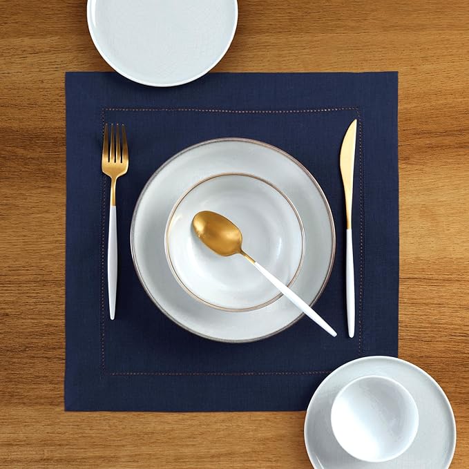 Solino Home Square Placemats Set of 4-100% Pure Linen Navy Blue Cloth Placemats 14 x 14 Inch - Classic Hemstitch, Machine Washable Place Mats for Winter, Easter
