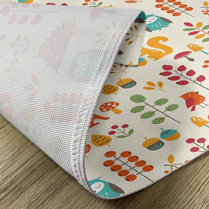 Ambesonne Cartoon Place Mats Set of 4, Autumn Pattern Owl Fox Squirrel Birds Animal Leaves Print, Washable Fabric Placemats for Dining Table, Standard Size, Cream Orange